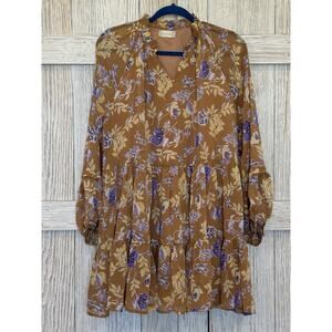 Altar'd State Brown Purple Floral Tiered Mini Peasant Dress M